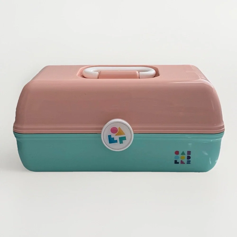 Vtg Caboodles 3 Tier Makeup Travel Case w/Vanity Mirror Peach & Mint Green USA